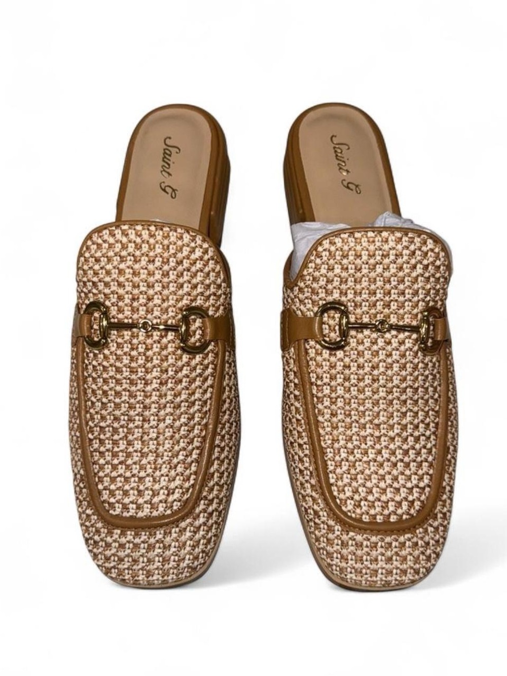 Woven Tan Slip-On Mules with Gold Bit Accent